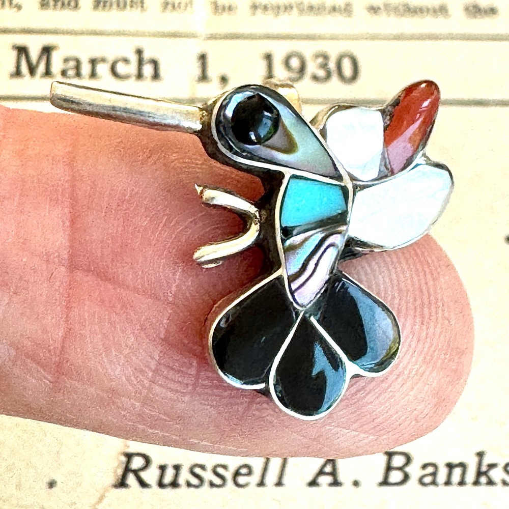 Hummingbird Zuni Pendant Turquoise Coral Multi Stone Inlay 16mm Sterling Native